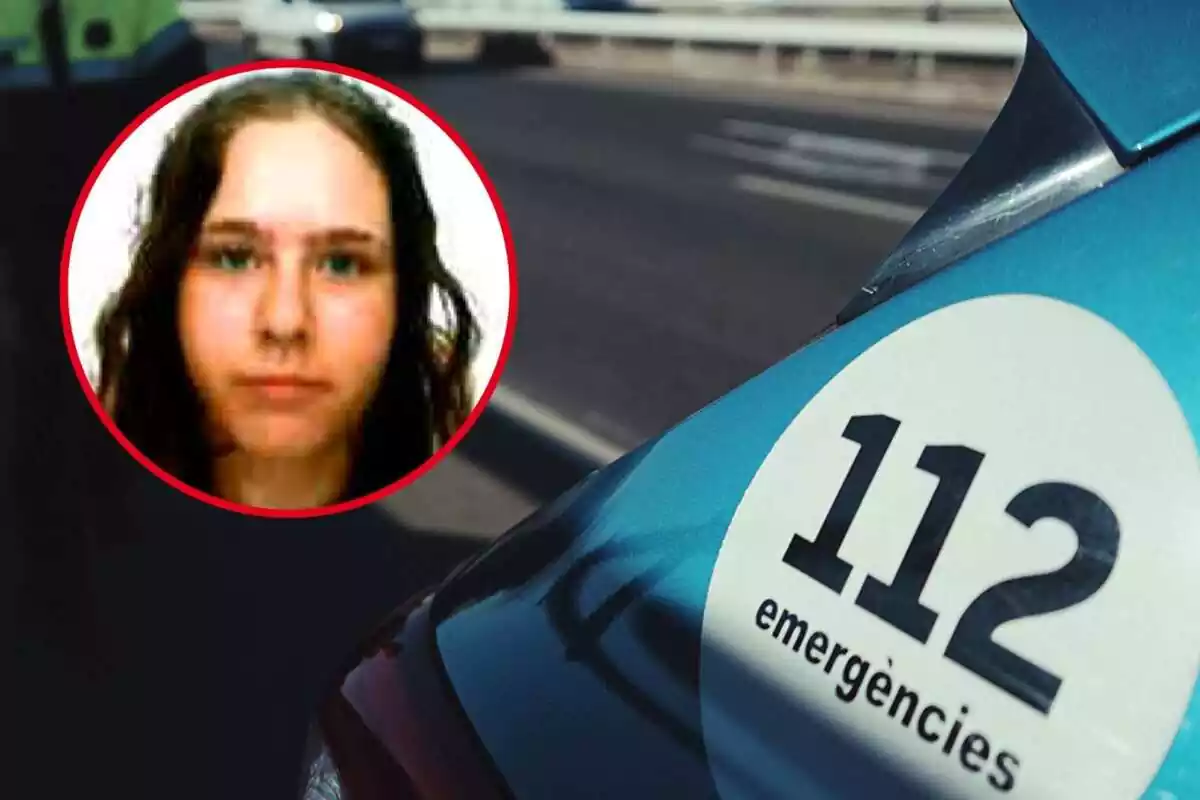 Fotomuntatge d'un cotxe dels Mossos d'Esquadra amb la fotografia d'una noia desapareguda