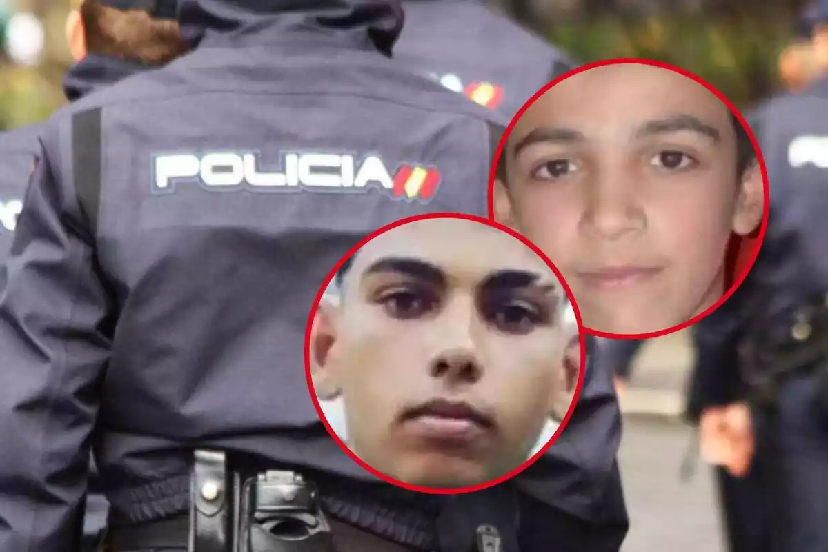 Muntatge dels desapareguts Ángel i Fernando i un agent de policia