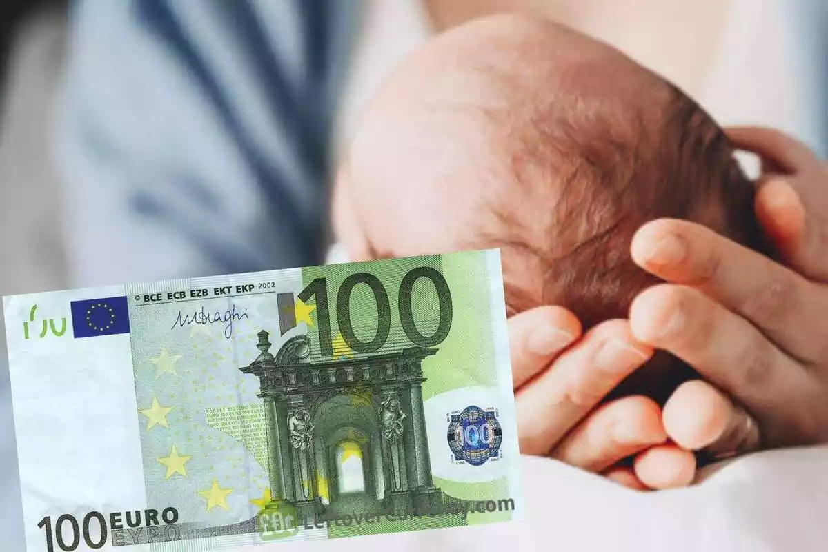 Muntatge d'un bitllet de 100 euros i el cap d'un bebè