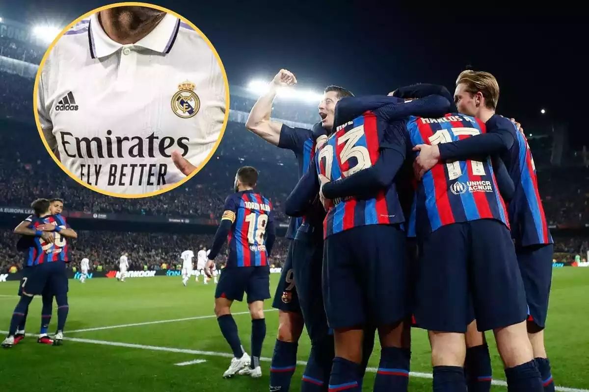 Muntatge dels jugadors del Barça amb una samarreta del Reial Madrid