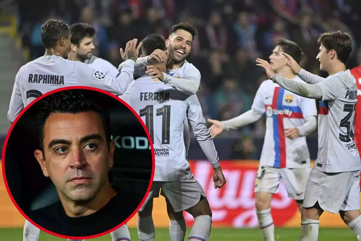 Muntatge de la imatge de Xavi amb una altra del Barça celebrant