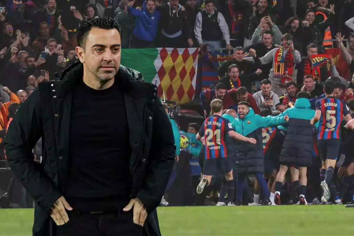 Muntatge de Xavi Hernández amb els jugadors del Barça celebrant un gol