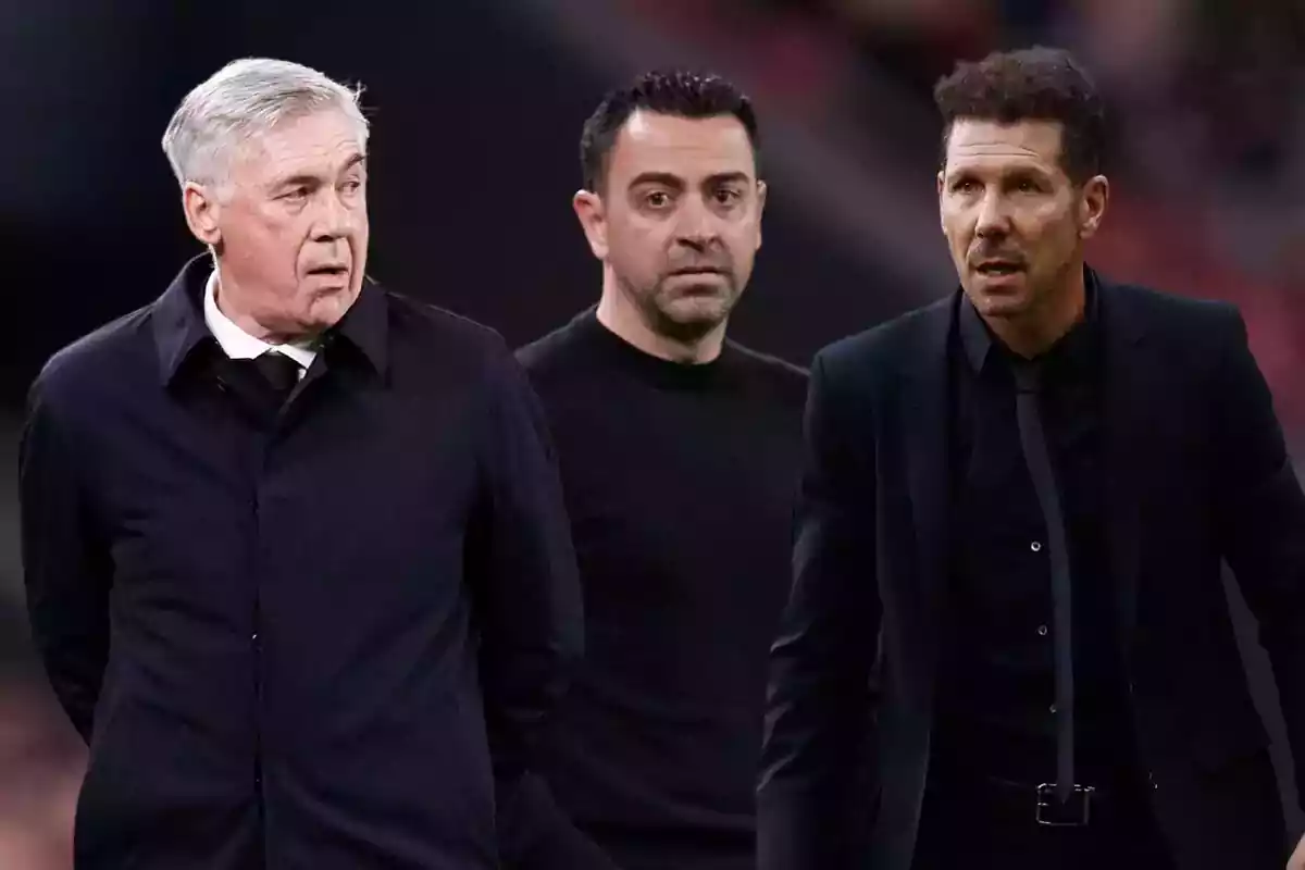 Fotomuntatge de Xavi Hernández, Carlo Ancelotti i Diego Pablo Simeone