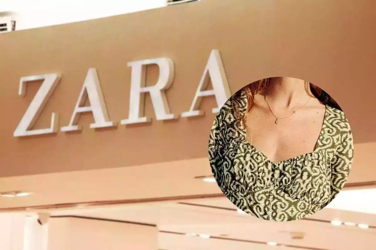 Fotomuntatge del logo de Zara a una botiga i un vestit bohemi de la mateixa marca