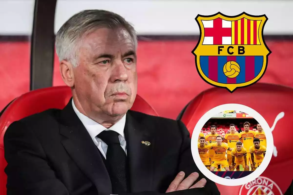 Muntatge d'Ancelotti amb l'escut del Barça i jugadors catalans