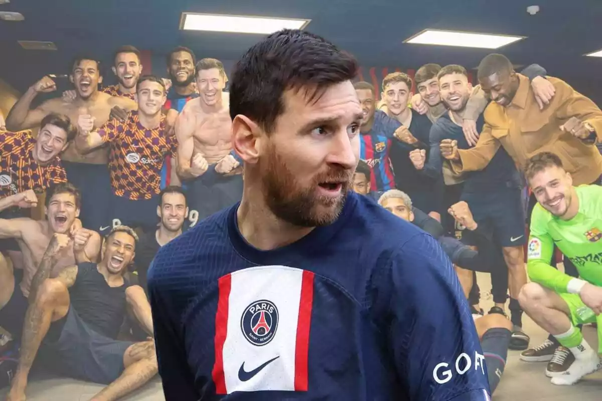 Muntatge de Messi i els jugadors del Barça al vestidor