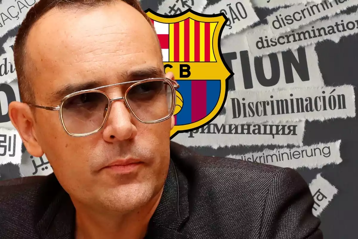 Muntatge de Risto Mejide, l'escut del Barça i la paraula 'discriminació'