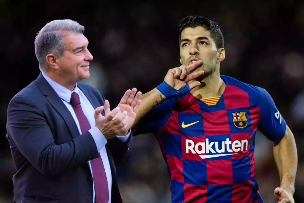 Muntatge amb la imatge de Luis Suárez celebrant un gol i Joan Laporta