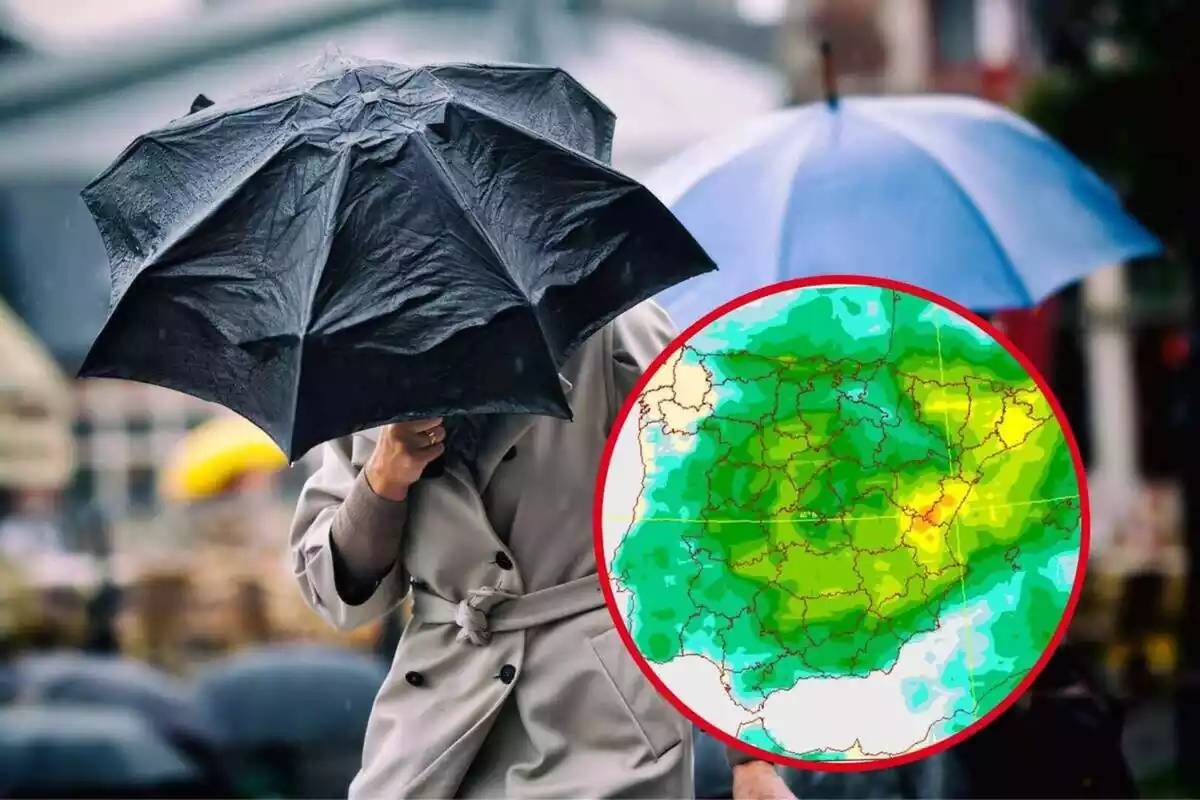Muntatge amb la imatge de persones amb paraigües i amb el mapa de l'AEMET