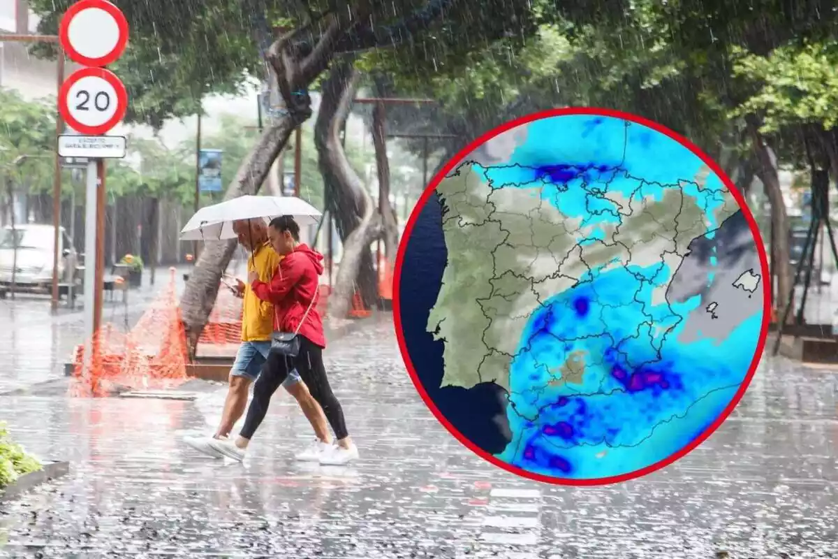 Muntatge amb la imatge d'un dia de pluja i amb la del mapa de pluja