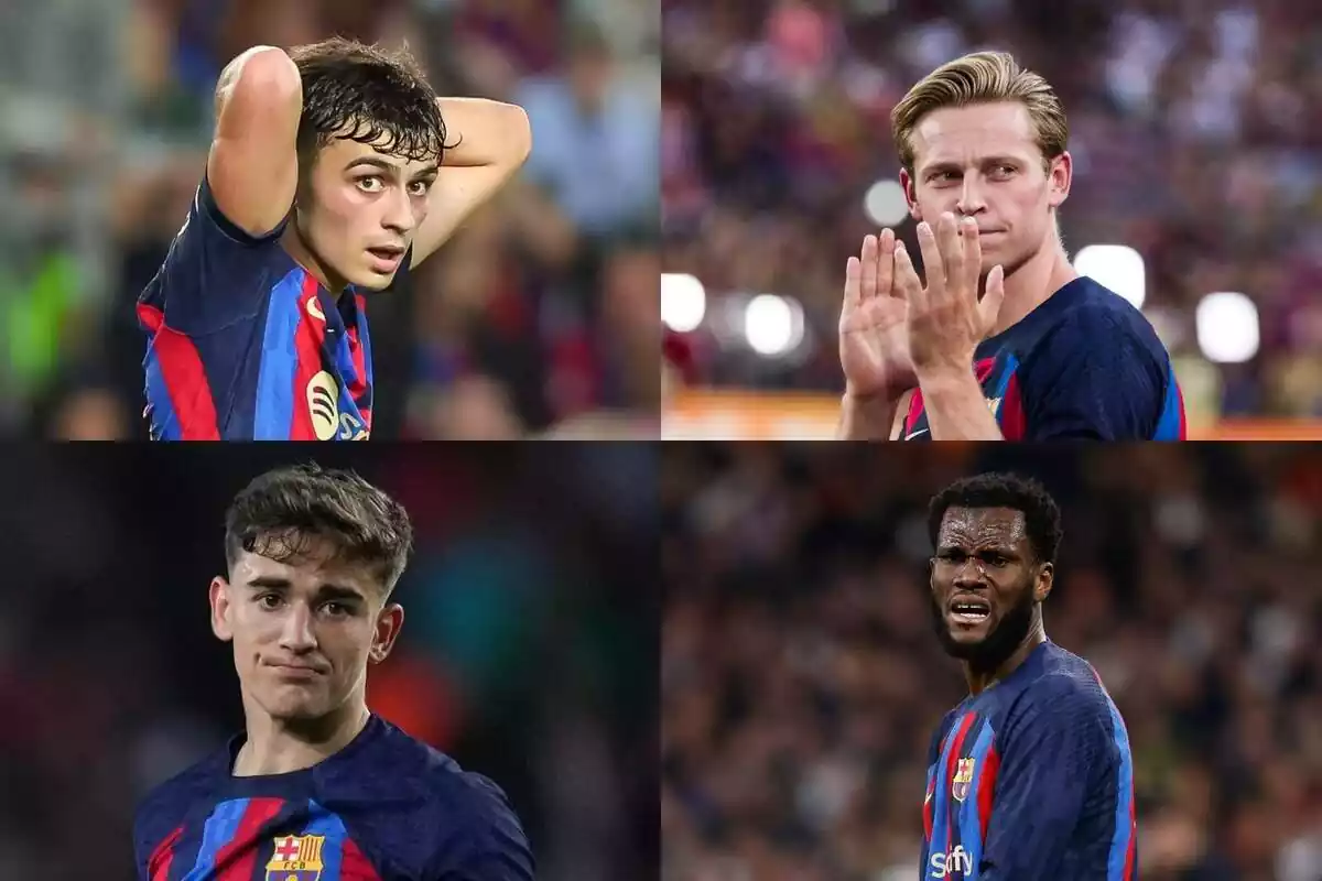Muntatge de 4 jugadors del Barça: Pedri, Gavi, Frenkie de Jong i Kessie