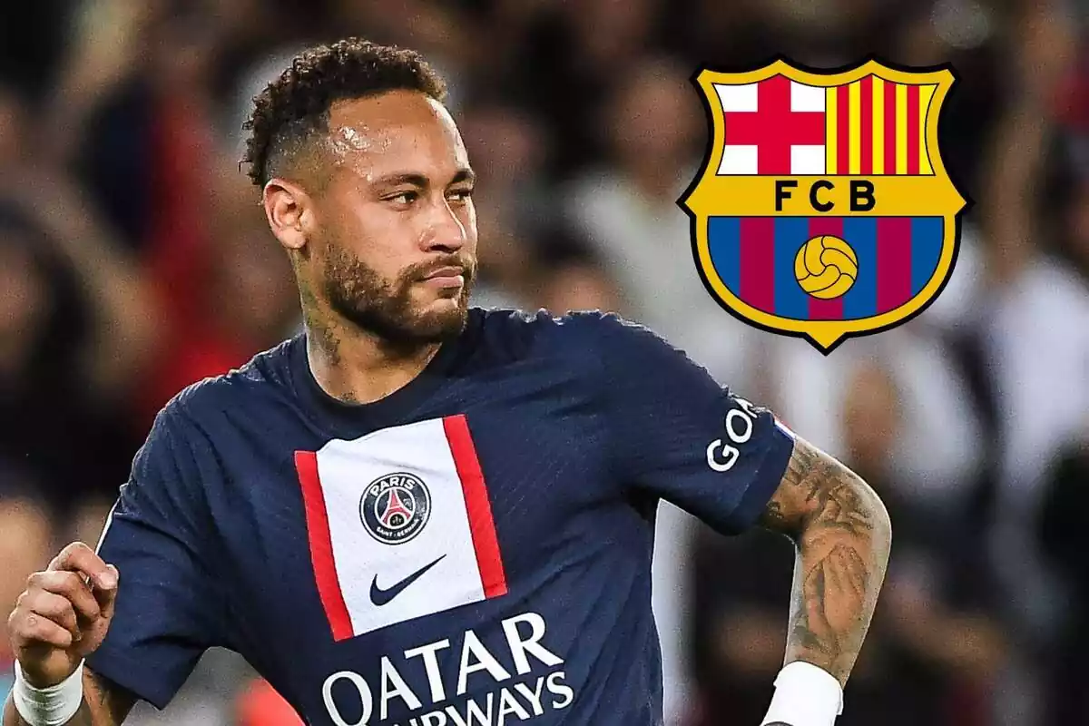 Muntatge de Neymar amb la samarreta del PSG i l'escut del Barça