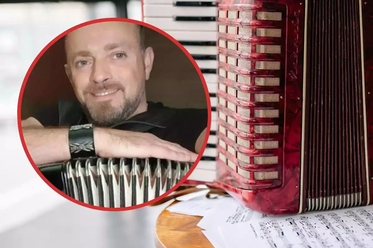 Muntatge d'un acordió amb la imatge de David Hevia, el músic que ha mort