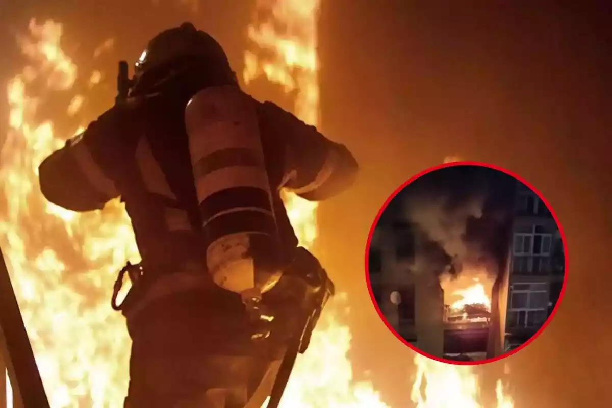 Muntatge d'un bomber i un incendi per una explosió