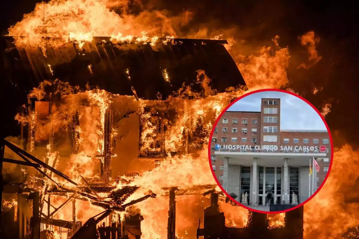 Muntatge d'un incendi i l'Hospital San Carlos de Madrid