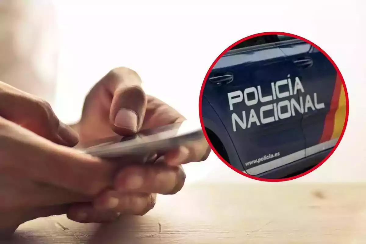 Fotomuntatge d'unes mans amb un telèfon mòbil i el logo de la Policia Nacional