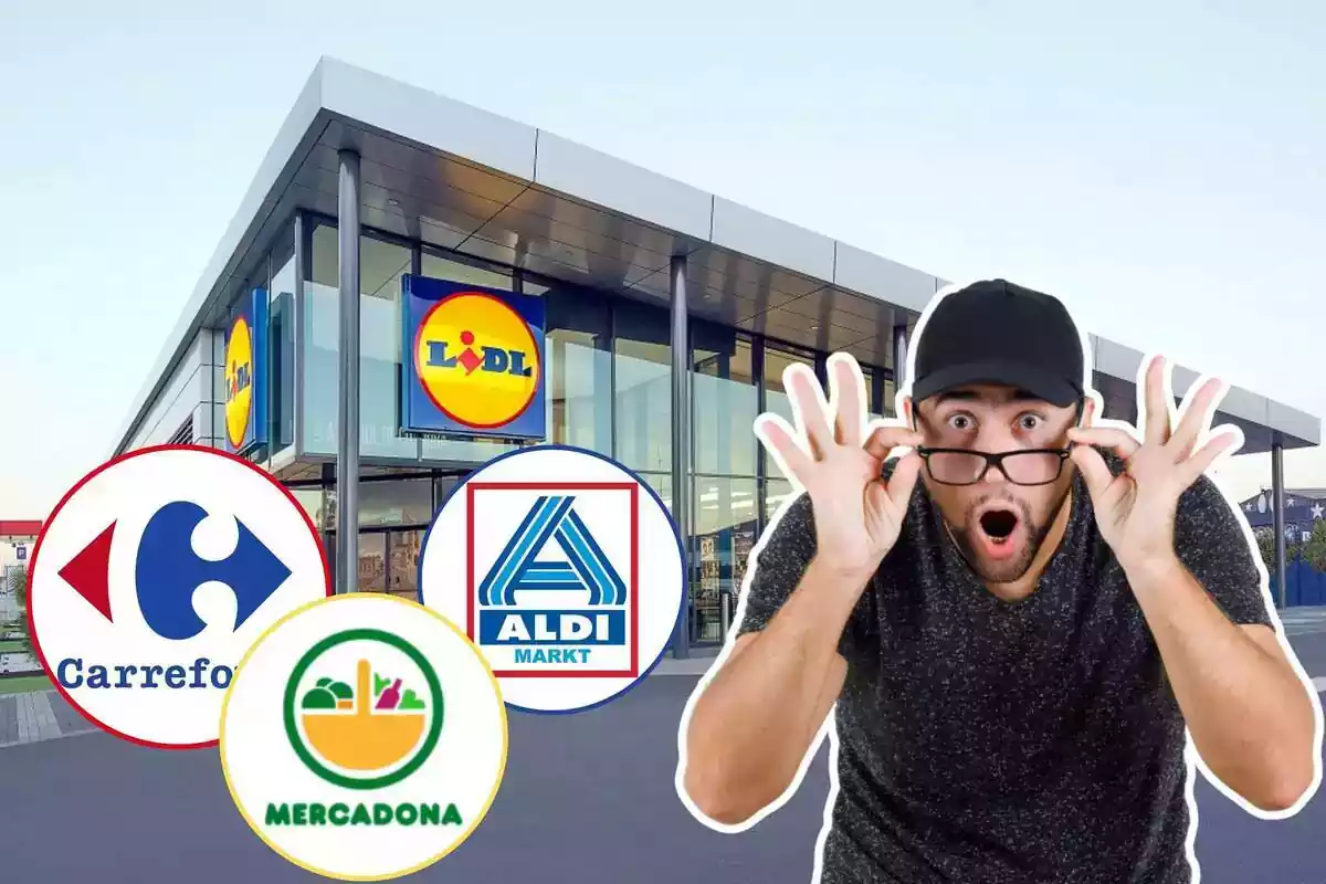 Fotomntatge de Lidl amb els logos de Mercadona, Aldi i Carrefour i un home sorprès