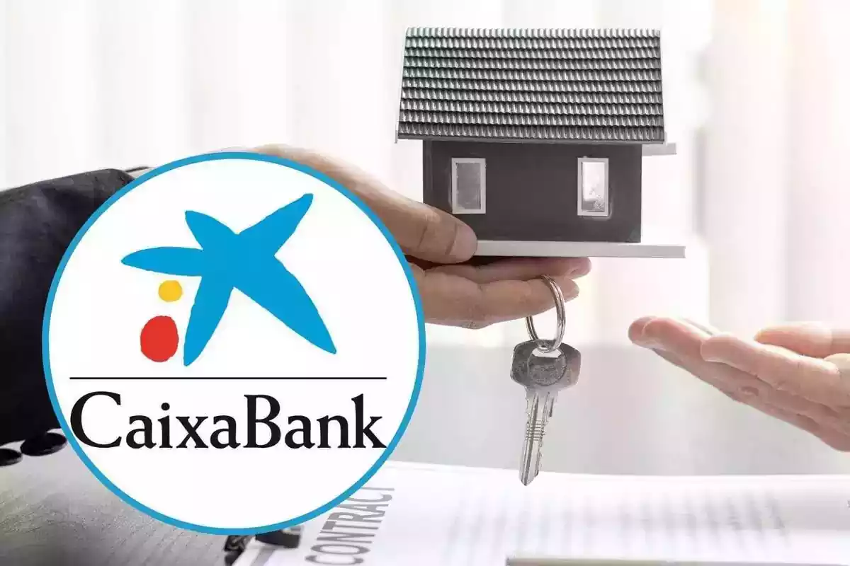 Fotomuntatge de CaixaBank, una maqueta d'una casa i unes claus