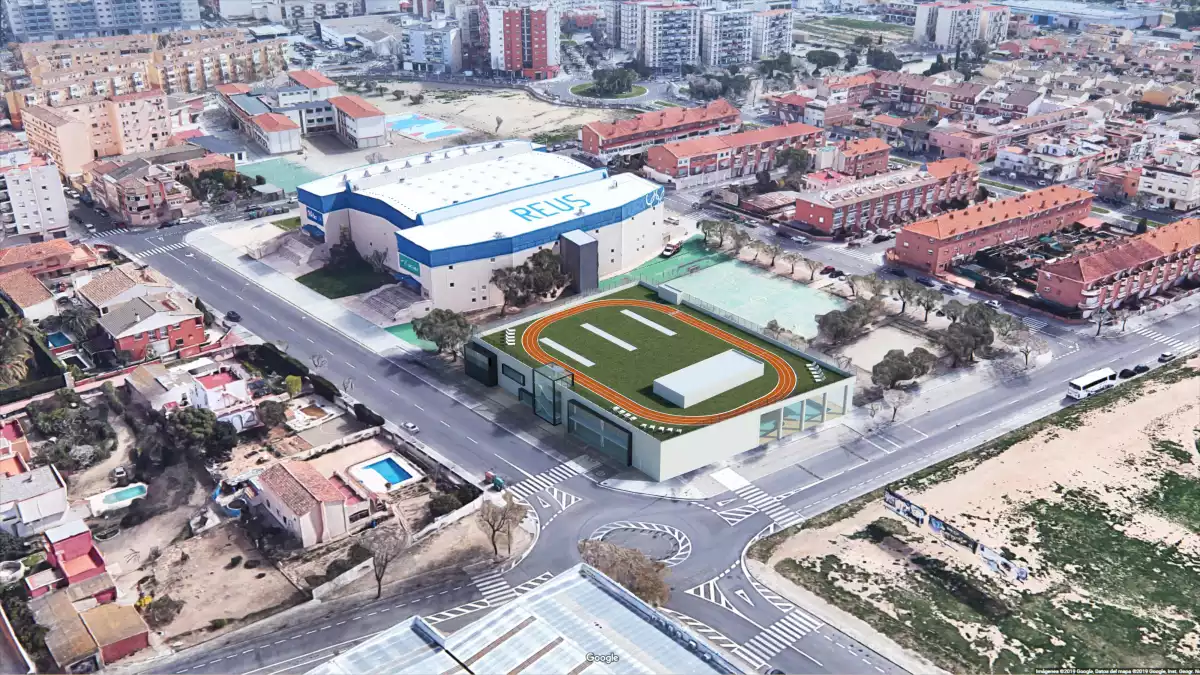 Imatge virtual de l'exterior del nou centre esportiu integrat annex al Pavelló Olímpic Municipal