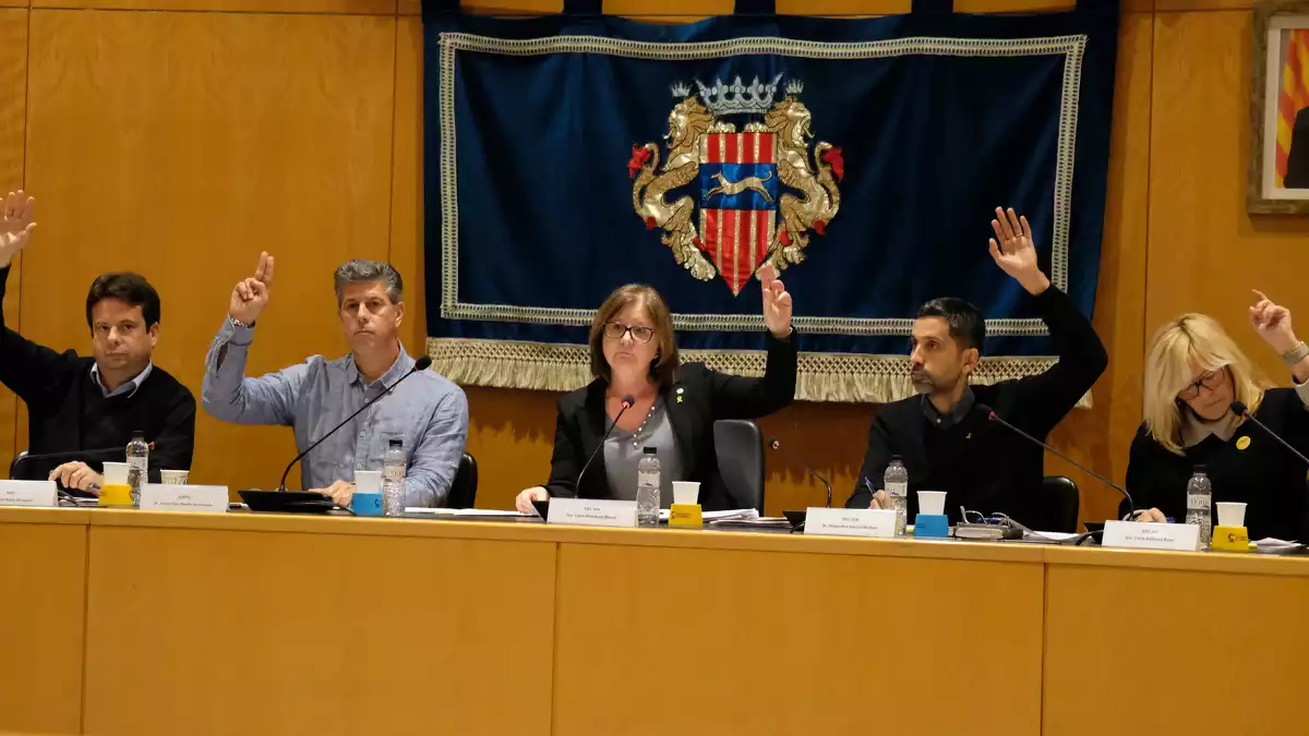 Oliver Klein, Lluís Abella, Camí Mendoza, Alejandro Garcia i Cinta Ballesté, en una votació al ple de Cambrils.