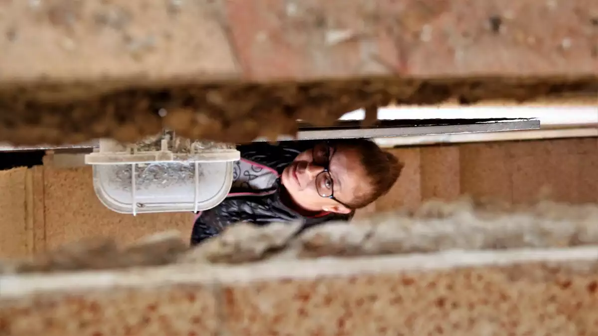 Una veïna observant a través d'una gran escletxa oberta a les escales d'un dels blocs del barri Centcelles