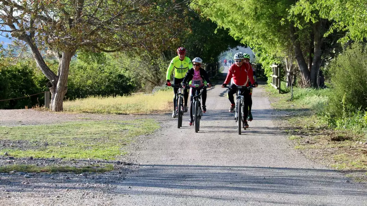 Imatge d'arxiu d'un grup de quatre ciclistes circulant per la Via Verda.
