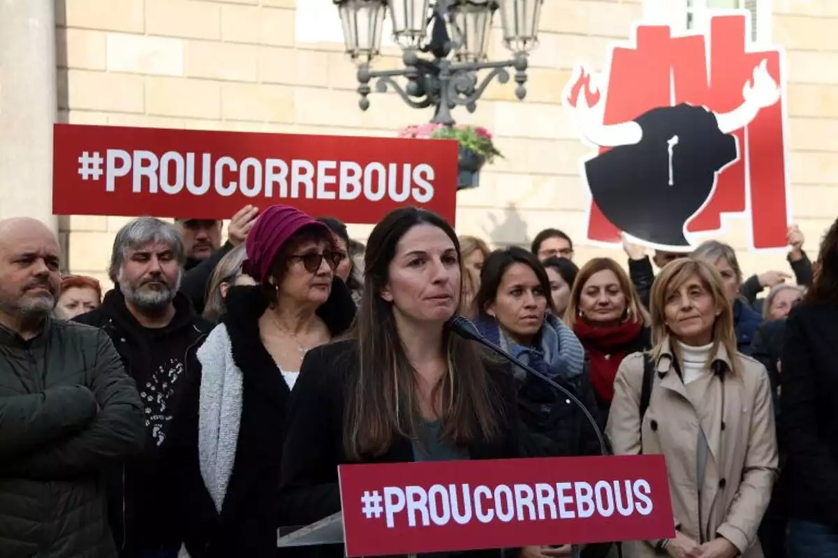 Pla mitjà de la portaveu de la plataforma 'Prou Correbous', Aïda Gascón, en l'acte de la plaça Sant Jaume el 15 de gener de 2020