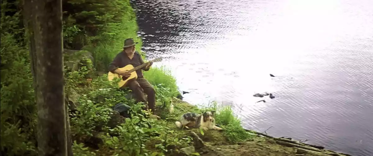 home amb una guitarra al costat d'un llac imatge y llovieron pájaros'