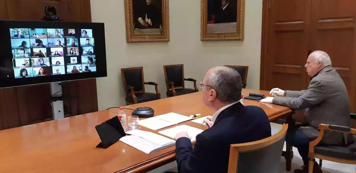 Carles Pellicer i Jaume Renyer durant el ple telemàtic, amb una pantalla de videoconferència al davant