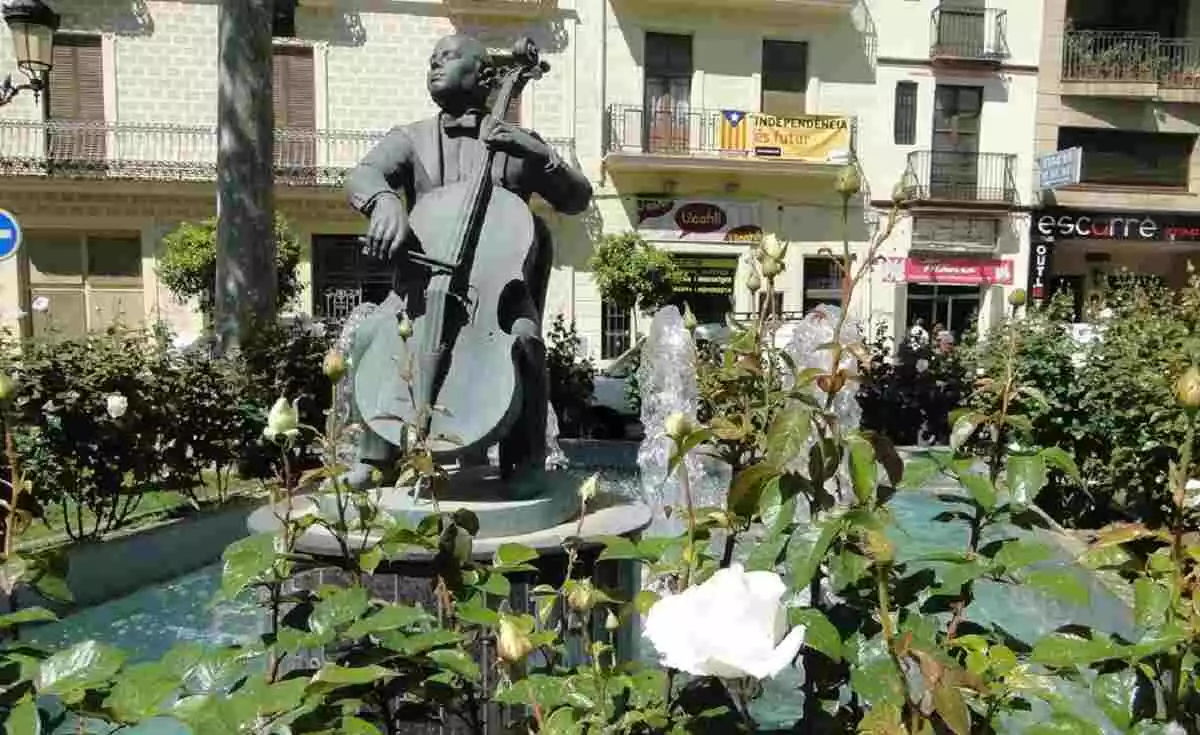 La font de la plaça Nova i l'estàtua de Pau Casals.