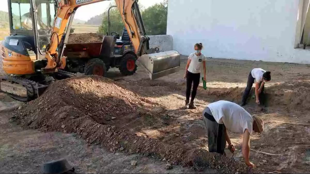 Pla general dels treballs d'excavació d'una fossa de la Guerra Civil al cementiri de Salomó, el 21 d'octubre del 2020