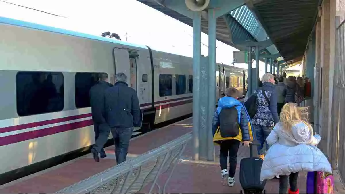 Pla general d'un Euromed a l'estació de l'Aldea i passatgers abandonant el tren.