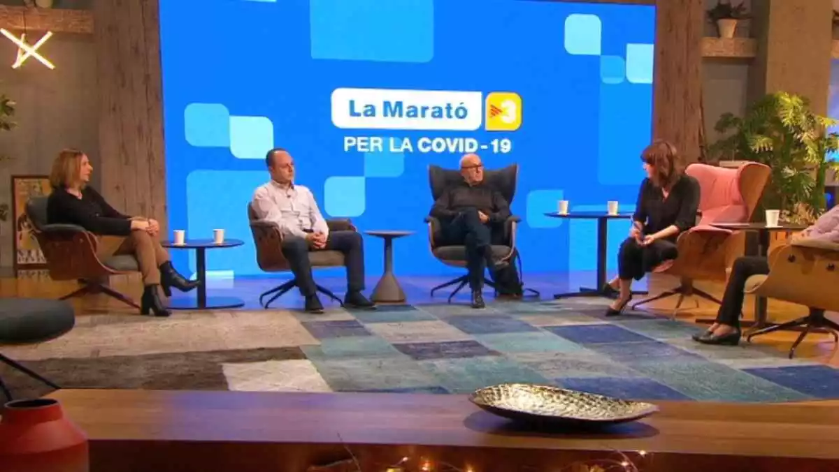 Diversos convidats al plató de 'La Marató' de TV3 conversant amb una de les presentadores