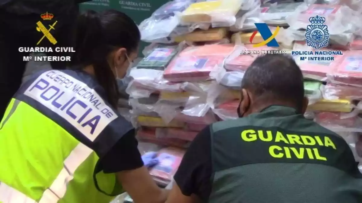 Imatge de dos agents de la Policia Nacional i la Guàrdia Civil durant l'operació contra l'entrada de cocaïna oculta en carbó des dels ports espanyols