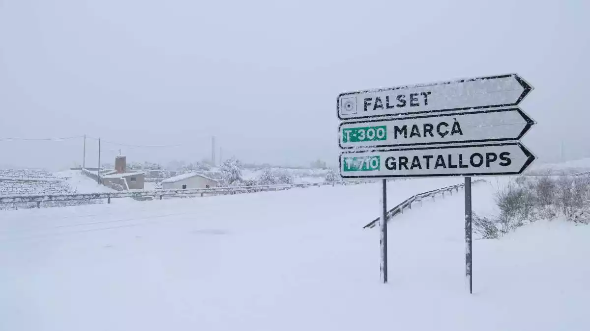 La carretera d'accés a Falset completament nevada el 9 de gener del 2020
