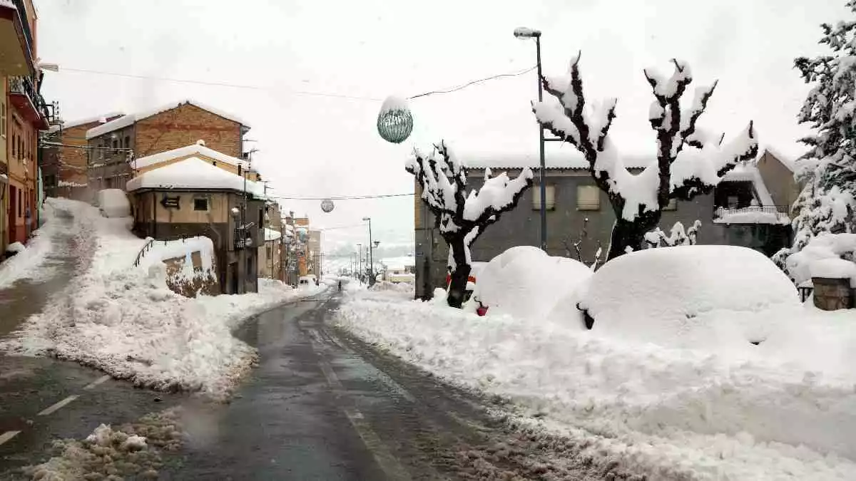 Pla general de cotxes colgats per la neu en un dels carrers d'Horta de Sant Joan