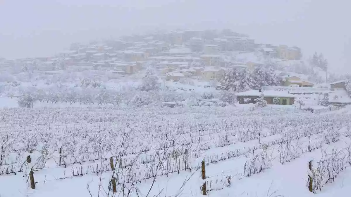 Pla general d'Horta de Sant Joan nevat, el 10 de gener del 2021