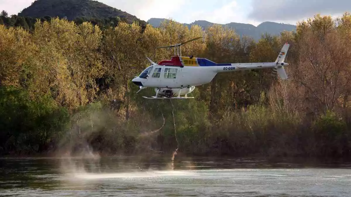 Pla general d'un helicòpter tractant contra la mosca negra al riu Ebre, a l'altura de Xerta.