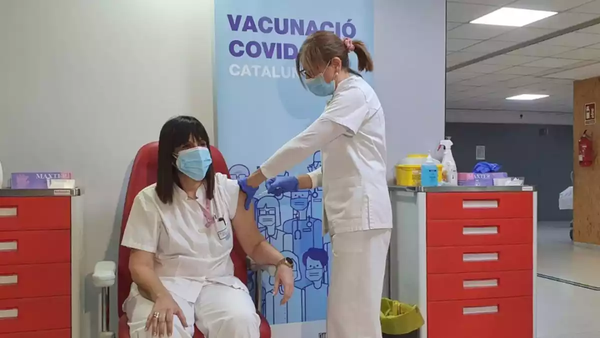 Pla mig de la infermera Anna Deosdad rebent la primera dosi de la vacuna de Moderna a l'Hospital d'Amposta