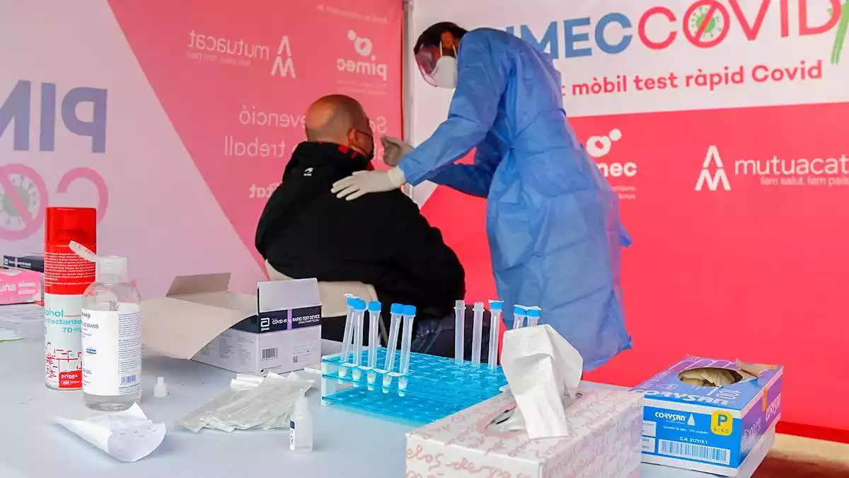 Pla obert d'un professional sanitari fent un test ràpid d'antígens a un treballador