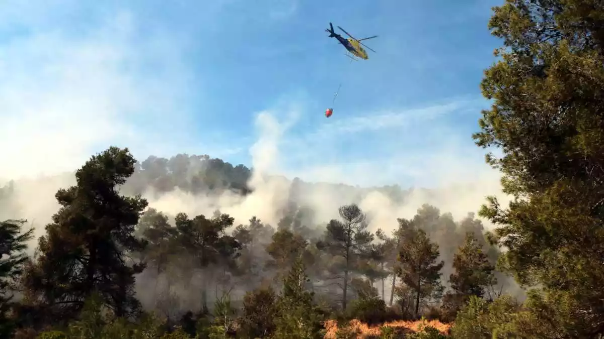 Pla obert d'un dels helicòpters que treballa en l'extinció de l'incendi forestal de la Conca de Barberà