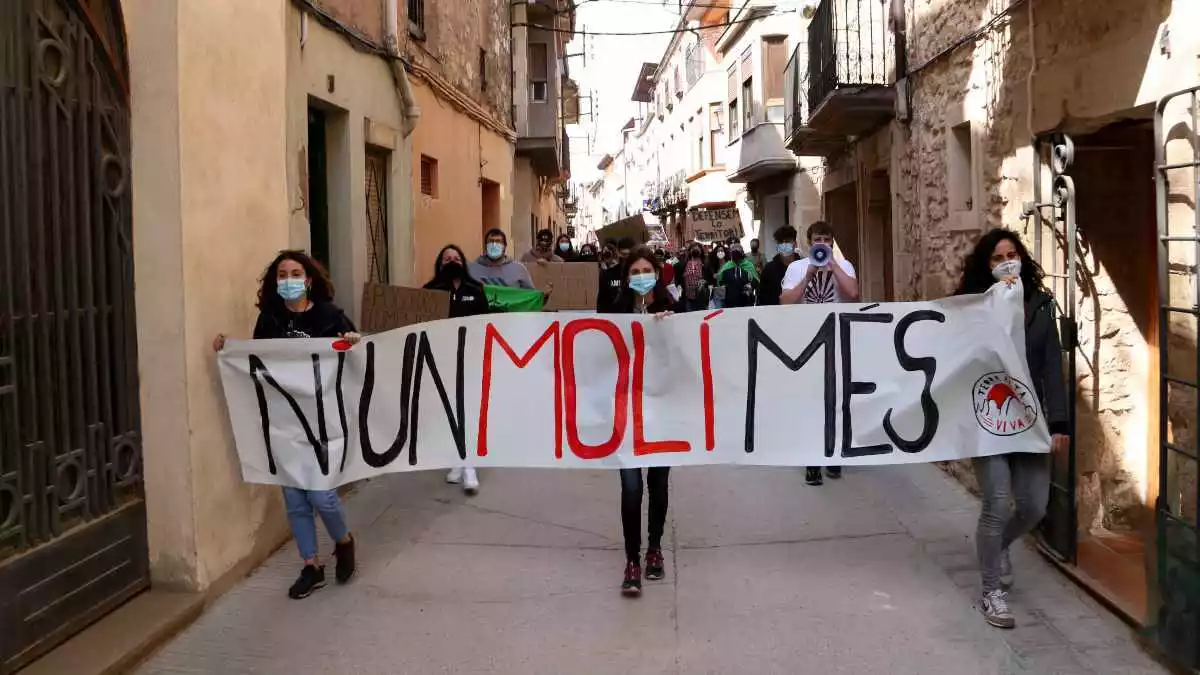 Manifestants durant la protesta per denunciar la massificació eòlica que pateix la Terra Alta als carrers de Vilalba dels Arcs