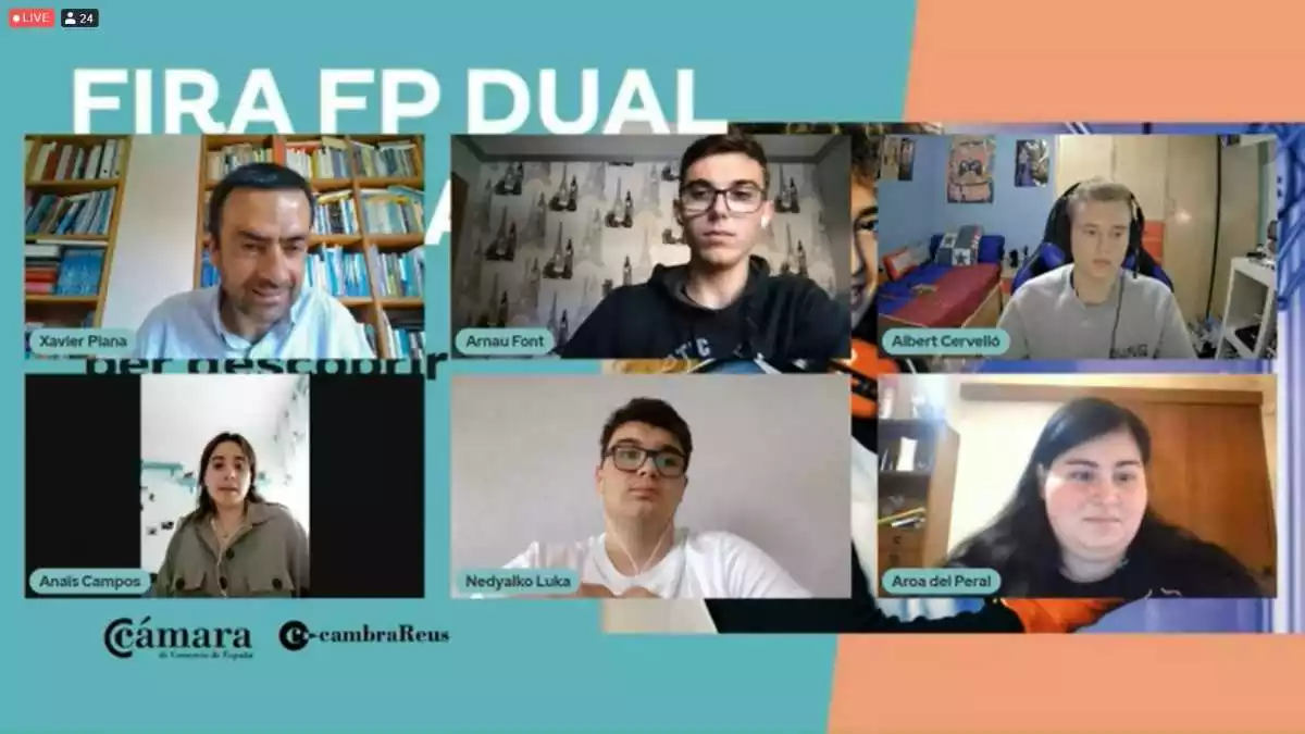 Captura de pantalla d'una videoconferència amb sis participants amb el títol Fira FP Dual