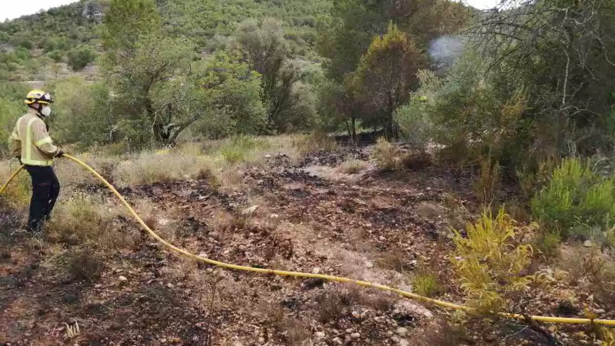 Imatge d'un bomber durant l'extinció de l'incendi de vegetació a Vespella de Gaià