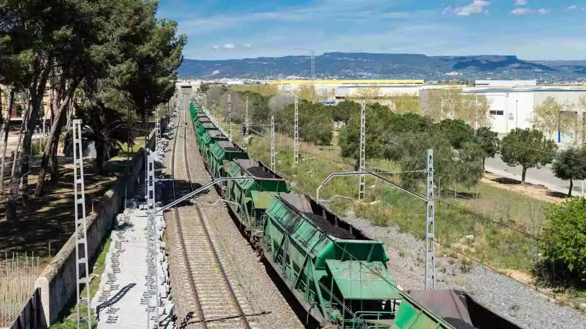 Imatge d'un tren de mercaderies circulant a l'altura de Vila-seca
