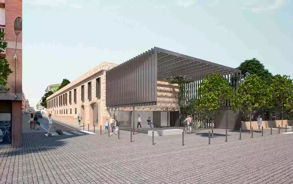 Imatge virtual exterior del Centre Cívic Gregal, amb una pèrgola sobre la plaça de nova construcció i un encreuament de carrers per a vianants