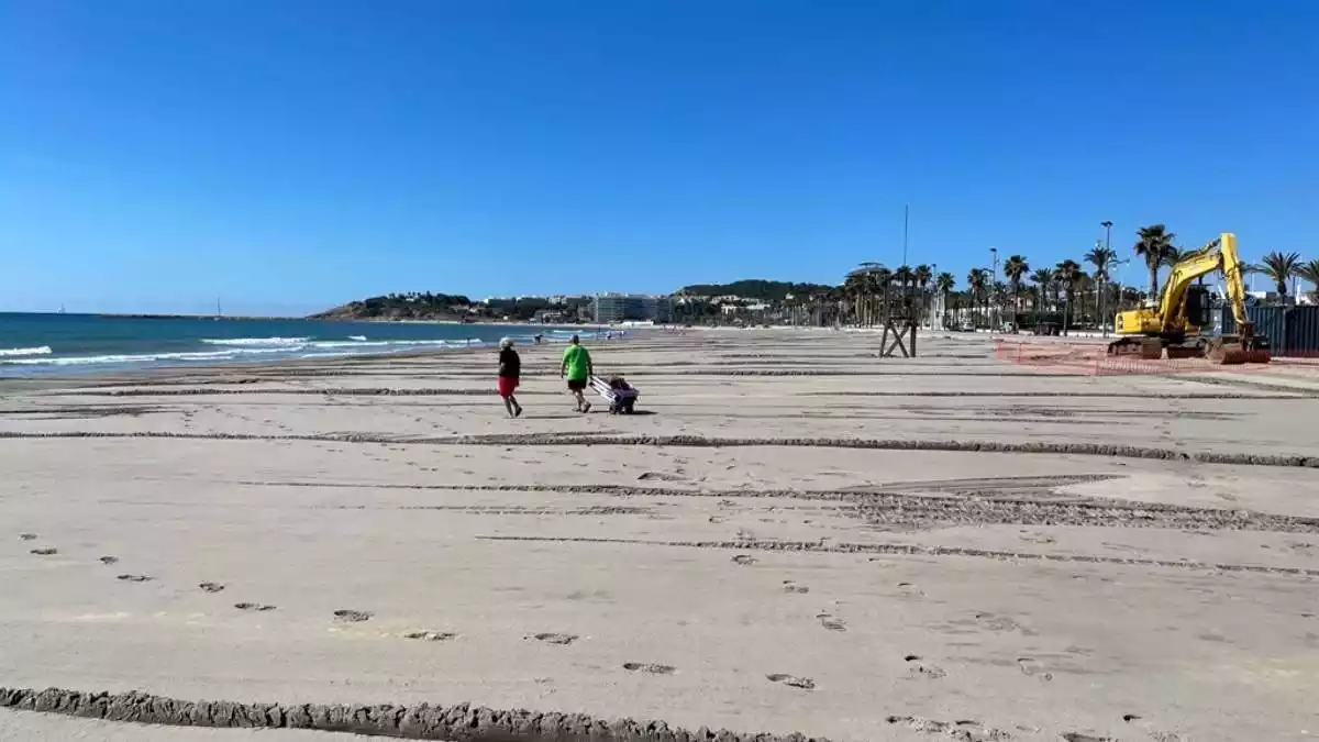 Operaris treballant en la regeneració de la platja de la Pineda