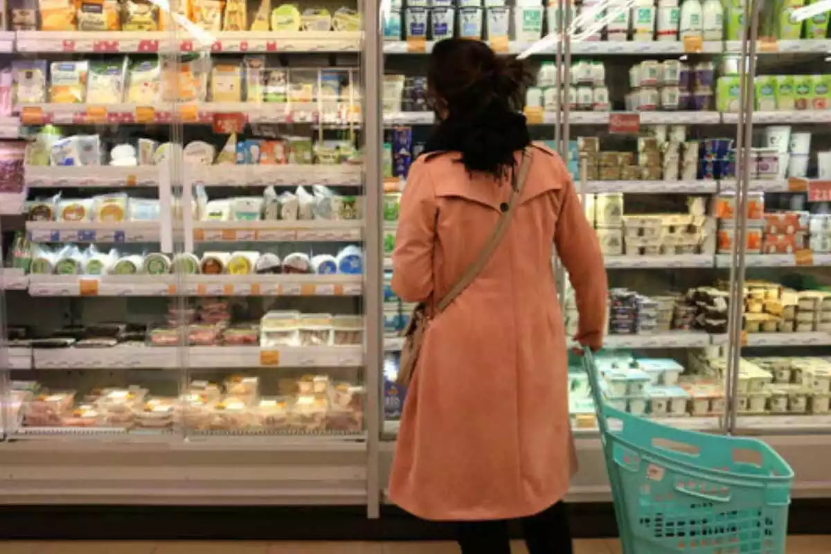 Imatge d'una persona davant de les neveres plenes d'un supermercat
