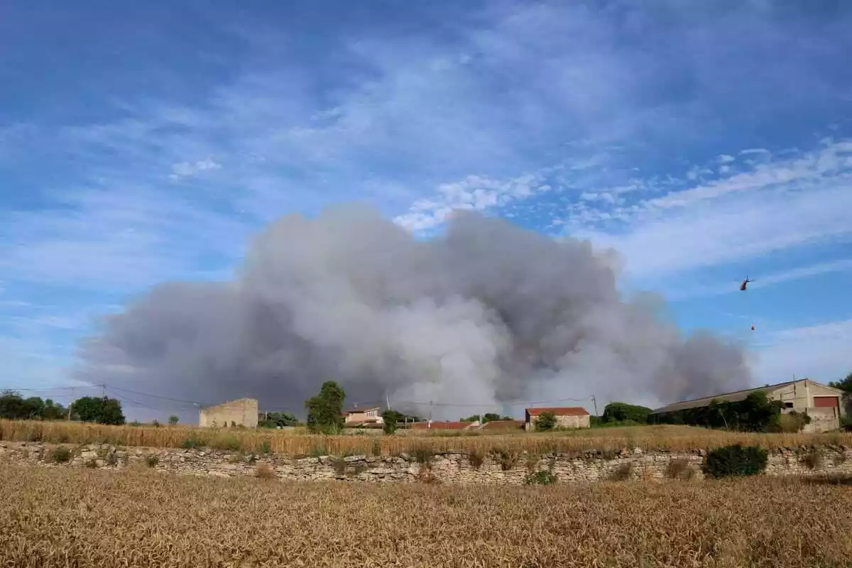 Pla general d'un mitjà aeri llençant aigua per apagar l'incendi que crema a Santa Coloma de Queralt i Bellprat