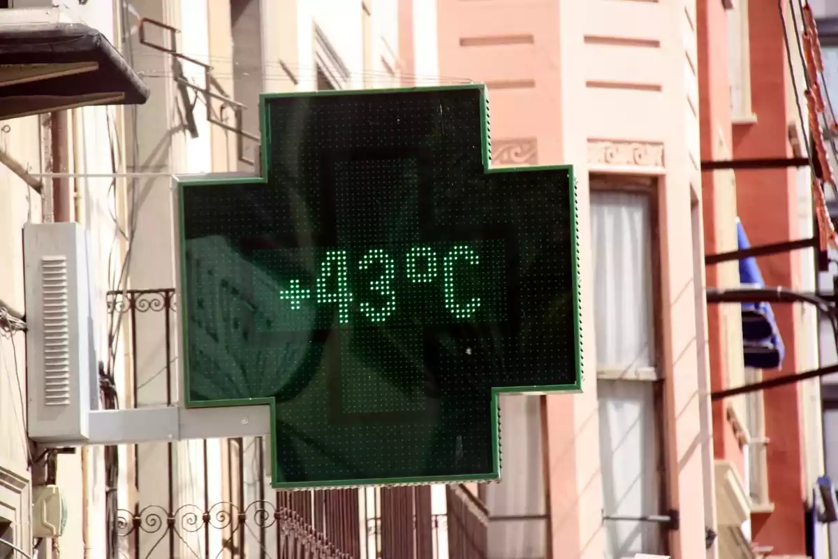 Imatge del termòmetre d'una farmàcia que marca 43 graus.